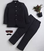 Boys black lycra floral beadwork embroidered bandhgala blazer & trouser set