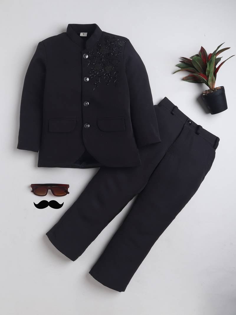 Boys black lycra floral beadwork embroidered bandhgala blazer & trouser set