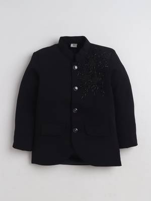 Boys black lycra floral beadwork embroidered bandhgala blazer & trouser set 3