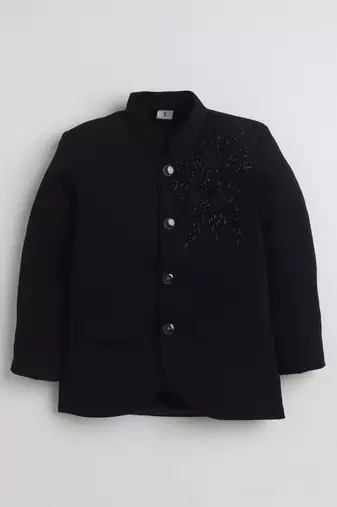 Boys black lycra floral beadwork embroidered bandhgala blazer & trouser set