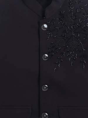 Boys black lycra floral beadwork embroidered bandhgala blazer & trouser set 4