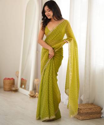 Neon chiffon zari embroidered saree with unstitched blouse piece. 2