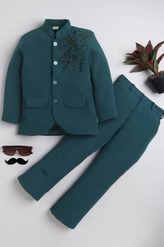 Boys teal blue lycra floral beadwork embroidered bandhgala blazer & trouser set