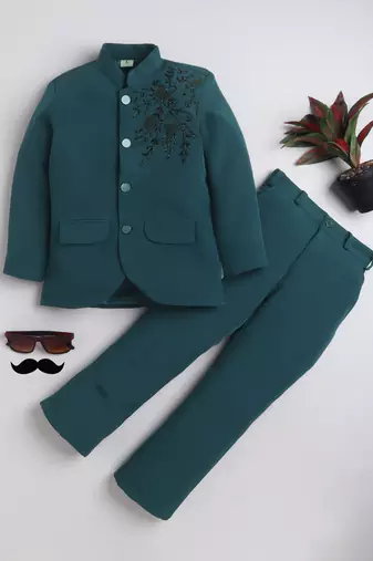 Boys teal blue lycra floral beadwork embroidered bandhgala blazer & trouser set