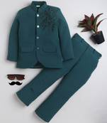 Boys teal blue lycra floral beadwork embroidered bandhgala blazer & trouser set