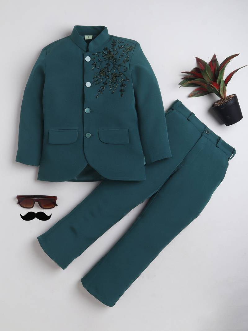 Boys teal blue lycra floral beadwork embroidered bandhgala blazer & trouser set