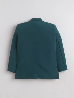 Boys teal blue lycra floral beadwork embroidered bandhgala blazer & trouser set 2