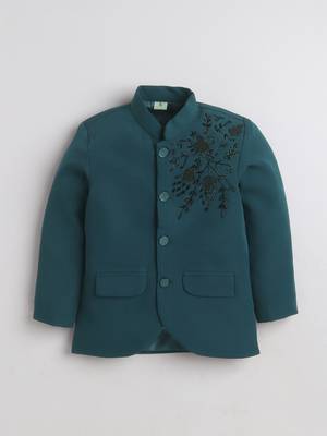 Boys teal blue lycra floral beadwork embroidered bandhgala blazer & trouser set 3