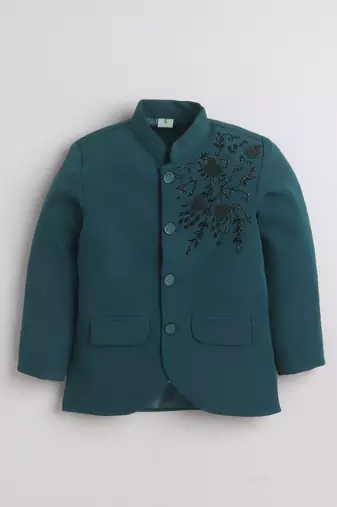 Boys teal blue lycra floral beadwork embroidered bandhgala blazer & trouser set