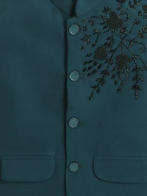 Boys teal blue lycra floral beadwork embroidered bandhgala blazer & trouser set 4