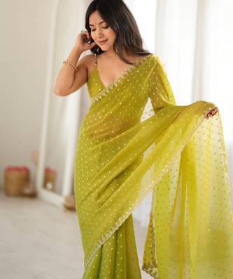 Neon chiffon zari embroidered saree with unstitched blouse piece. 5
