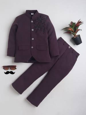 Boys wine lycra floral beadwork embroidered bandhgala blazer & trouser set 1