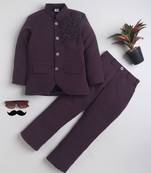 Boys wine lycra floral beadwork embroidered bandhgala blazer & trouser set