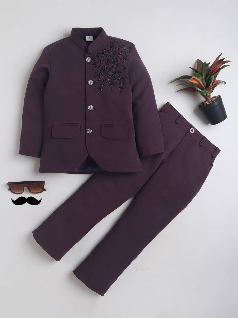 Boys wine lycra floral beadwork embroidered bandhgala blazer & trouser set