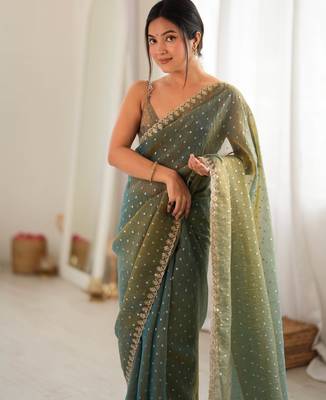 Olive chiffon zari embroidered saree with unstitched blouse piece. 1