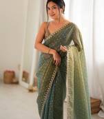 Olive chiffon zari embroidered saree with unstitched blouse piece.