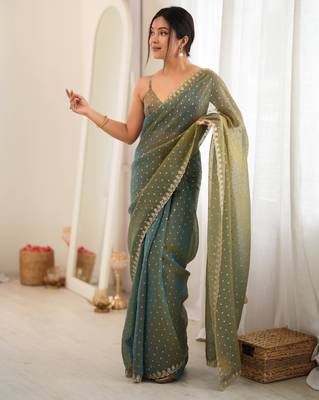 Olive chiffon zari embroidered saree with unstitched blouse piece. 2
