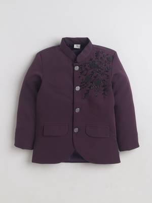 Boys wine lycra floral beadwork embroidered bandhgala blazer & trouser set 3