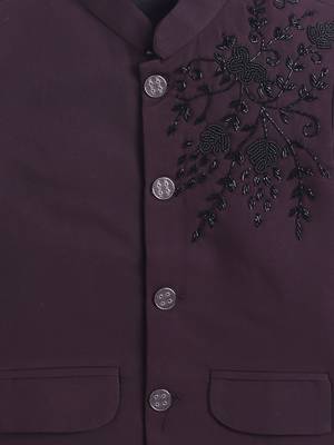 Boys wine lycra floral beadwork embroidered bandhgala blazer & trouser set 4