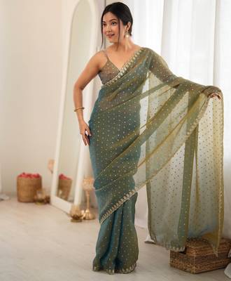 Olive chiffon zari embroidered saree with unstitched blouse piece. 3