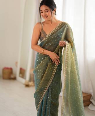 Olive chiffon zari embroidered saree with unstitched blouse piece. 4