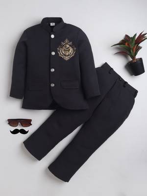 Boys black lycra floral embroidered bandhgala blazer & trouser set with metal crest 1
