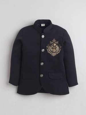 Boys black lycra floral embroidered bandhgala blazer & trouser set with metal crest 3