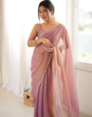 Onion chiffon zari embroidered saree with unstitched blouse piece. 1