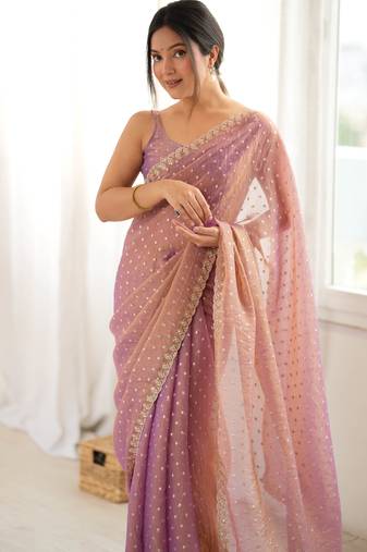 Onion chiffon zari embroidered saree with unstitched blouse piece.