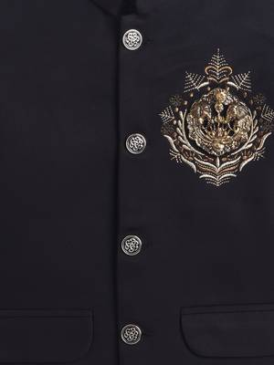 Boys black lycra floral embroidered bandhgala blazer & trouser set with metal crest 4