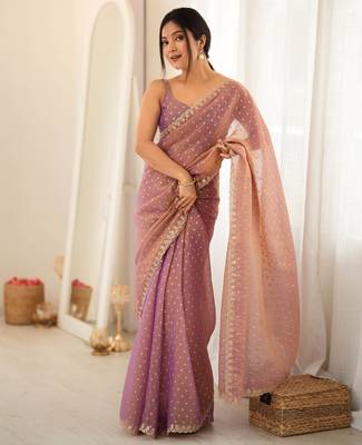 Onion chiffon zari embroidered saree with unstitched blouse piece. 2