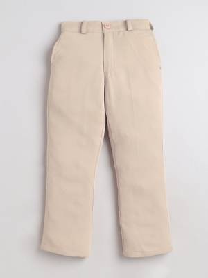 Boys cream lycra floral embroidered bandhgala blazer & trouser set with metal crest 5