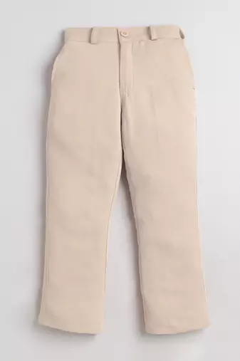 Boys cream lycra floral embroidered bandhgala blazer & trouser set with metal crest