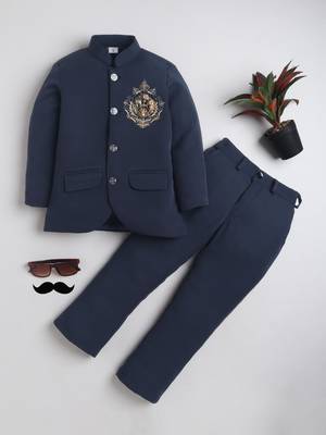 Boys navy blue lycra floral embroidered bandhgala blazer & trouser set with metal crest 1