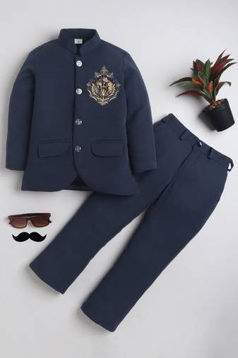 Boys navy blue lycra floral embroidered bandhgala blazer & trouser set with metal crest