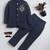 Boys navy blue lycra floral embroidered bandhgala blazer & trouser set with metal crest