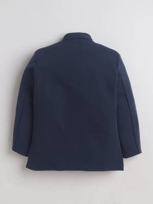 Boys navy blue lycra floral embroidered bandhgala blazer & trouser set with metal crest 2