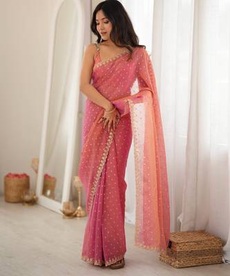 Pink chiffon zari embroidered saree with unstitched blouse piece. 2