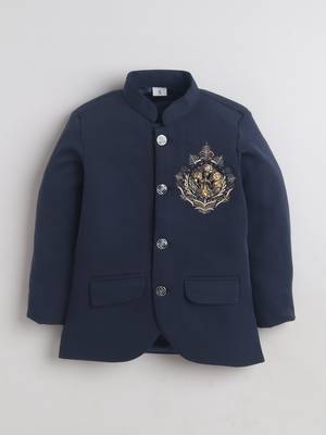 Boys navy blue lycra floral embroidered bandhgala blazer & trouser set with metal crest 3
