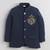 Boys navy blue lycra floral embroidered bandhgala blazer & trouser set with metal crest