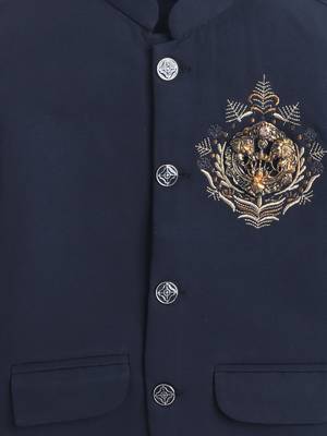 Boys navy blue lycra floral embroidered bandhgala blazer & trouser set with metal crest 4