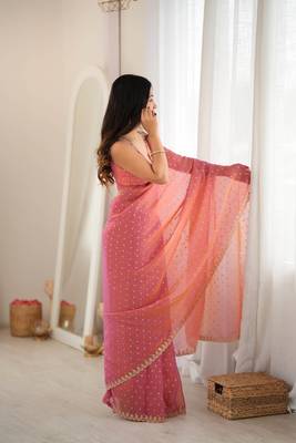 Pink chiffon zari embroidered saree with unstitched blouse piece. 4
