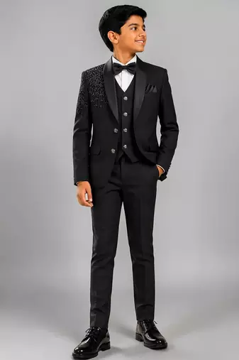 Boys black lycra floral beadwork embroidered 4 piece suit set with bowtie