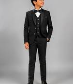 Boys black lycra floral beadwork embroidered 4 piece suit set with bowtie
