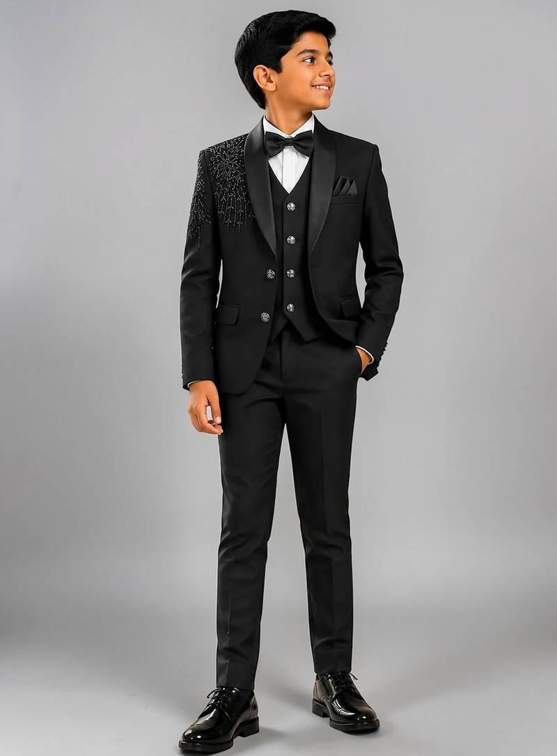 Boys black lycra floral beadwork embroidered 4 piece suit set with bowtie