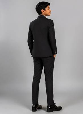 Boys black lycra floral beadwork embroidered 4 piece suit set with bowtie 2