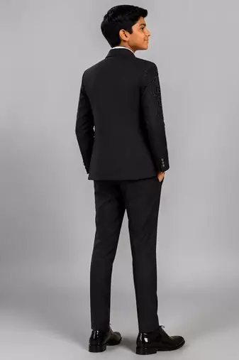 Boys black lycra floral beadwork embroidered 4 piece suit set with bowtie