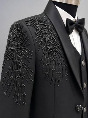 Boys black lycra floral beadwork embroidered 4 piece suit set with bowtie 3
