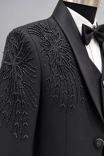 Boys black lycra floral beadwork embroidered 4 piece suit set with bowtie