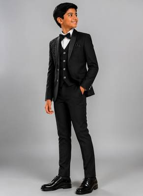 Boys black lycra floral beadwork embroidered 4 piece suit set with bowtie 4